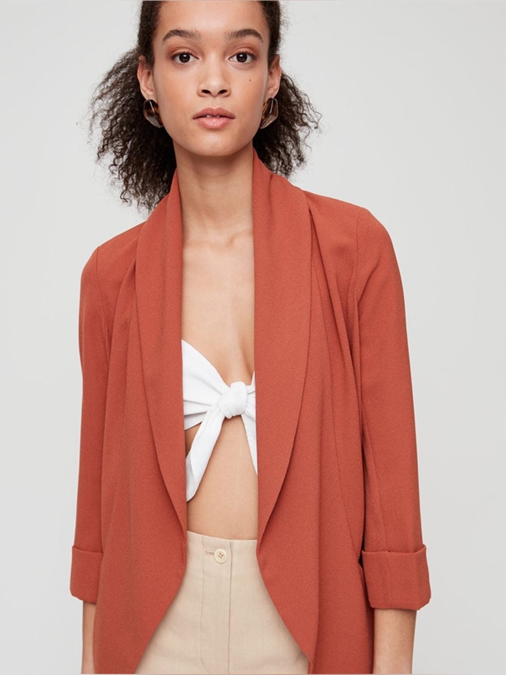 Aritzia Wilfred Chevalier Blazer Terracotta Orange Open Front Draped Jacket 4
